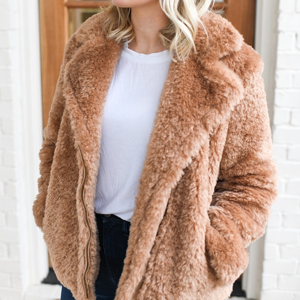 Faux Shearling Teddy Coat in Camel